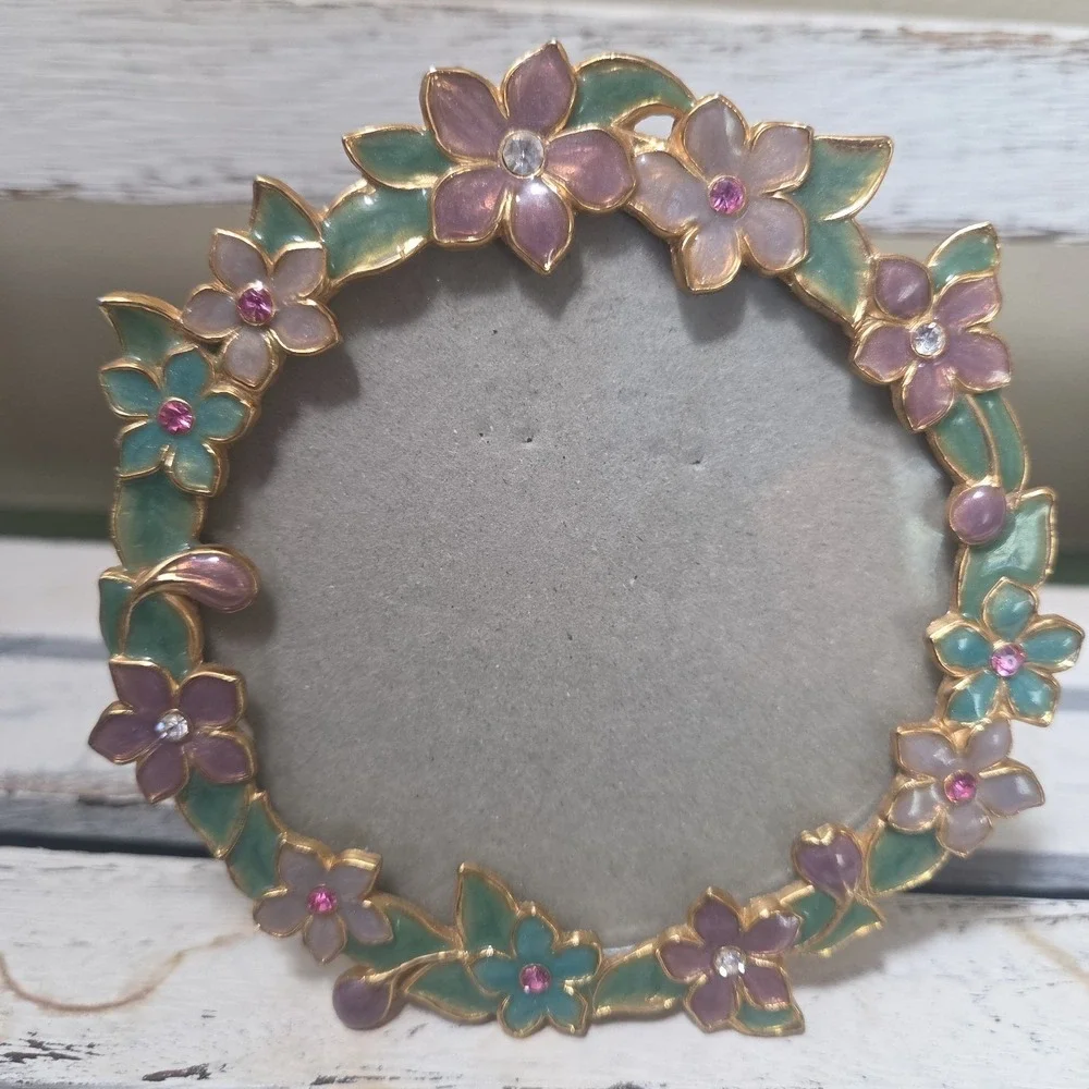 Vtg Carr Metal Purple Green Pink Enamel Jewels Floral Round Picture Frame